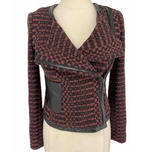 Tracy Reese Anthropologie Motto Zip Tweed Leather Trim Red Black Jacket Blazer 2